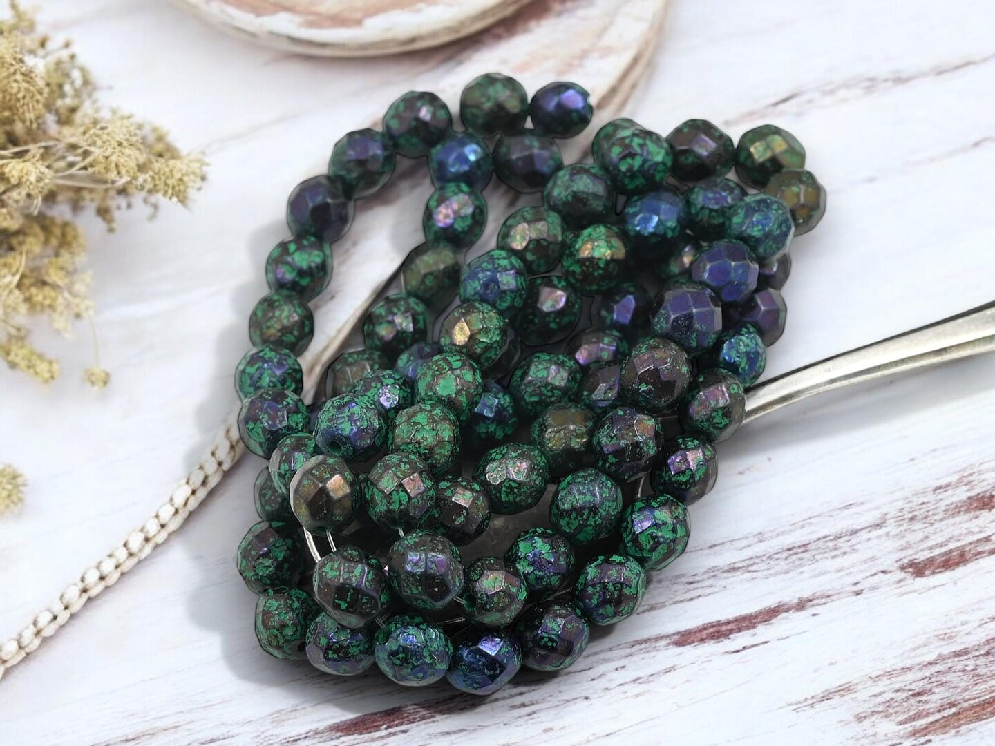 *20* 8mm Green Washed Black Rainbow Luster Fire Polished Round Beads