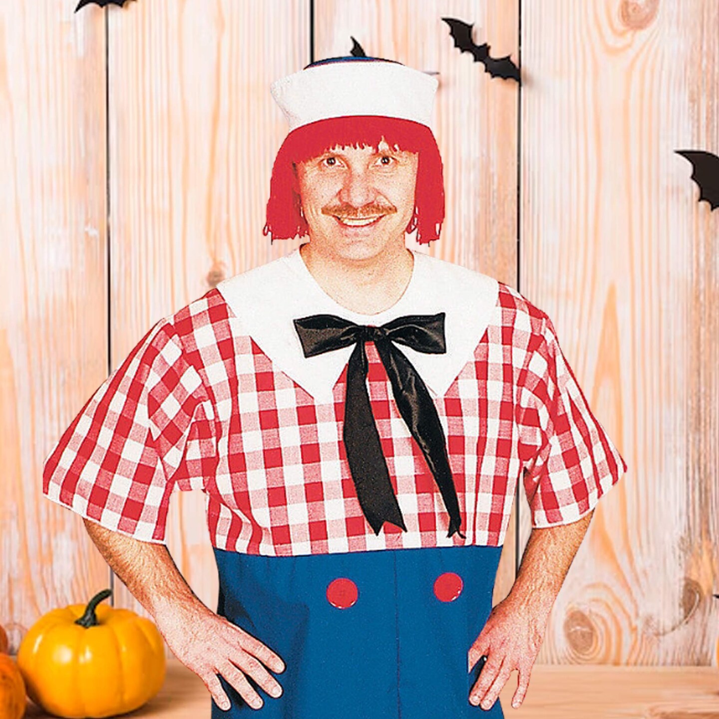 Eye Catching Mens Raggedy Andy Costume One Piece Jumpsuit Hat Yarn Hair Outfit