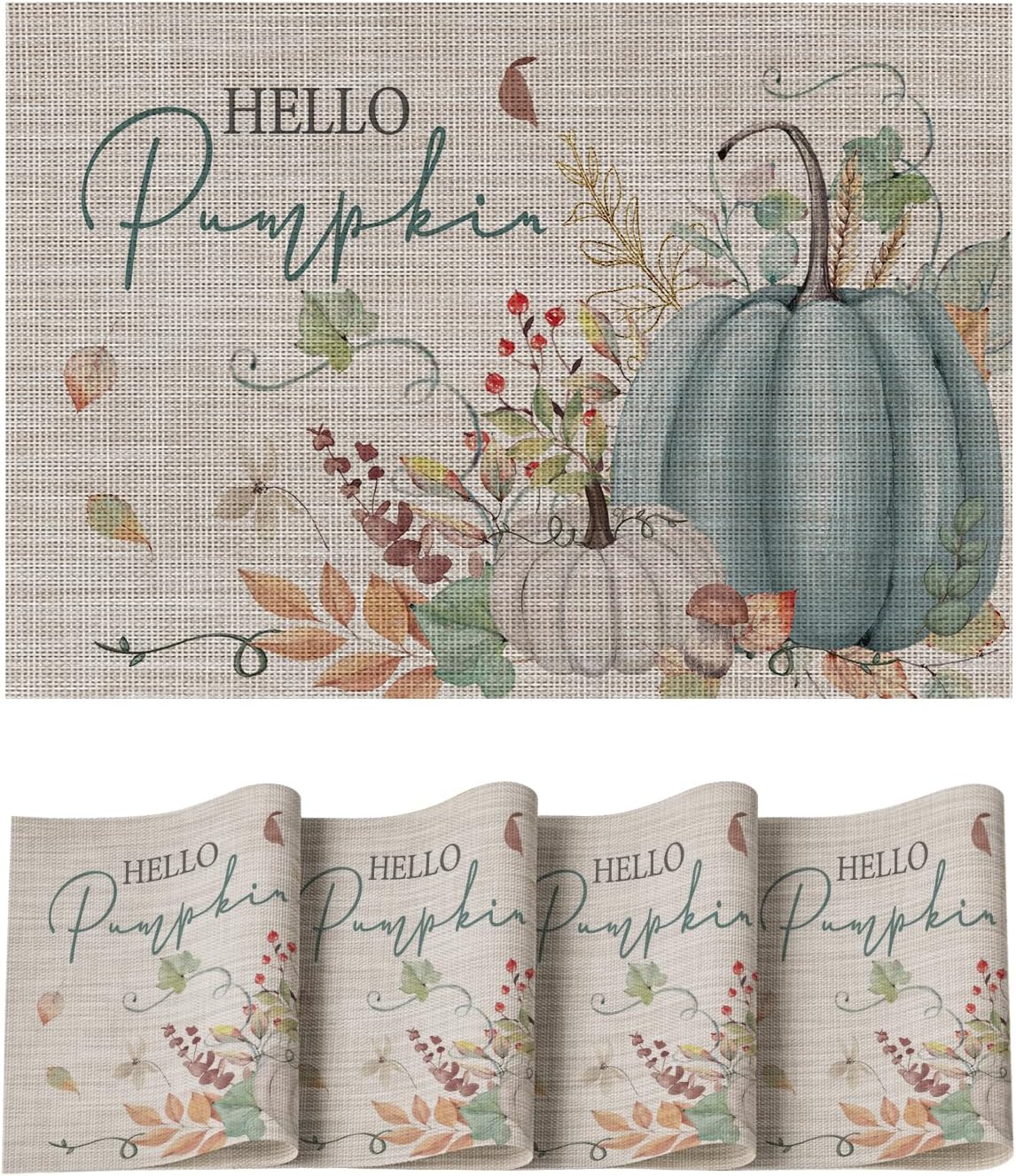 Blue Hello Pumpkin Leaves Fall Vinyl Placemats Set of 4(Blue)