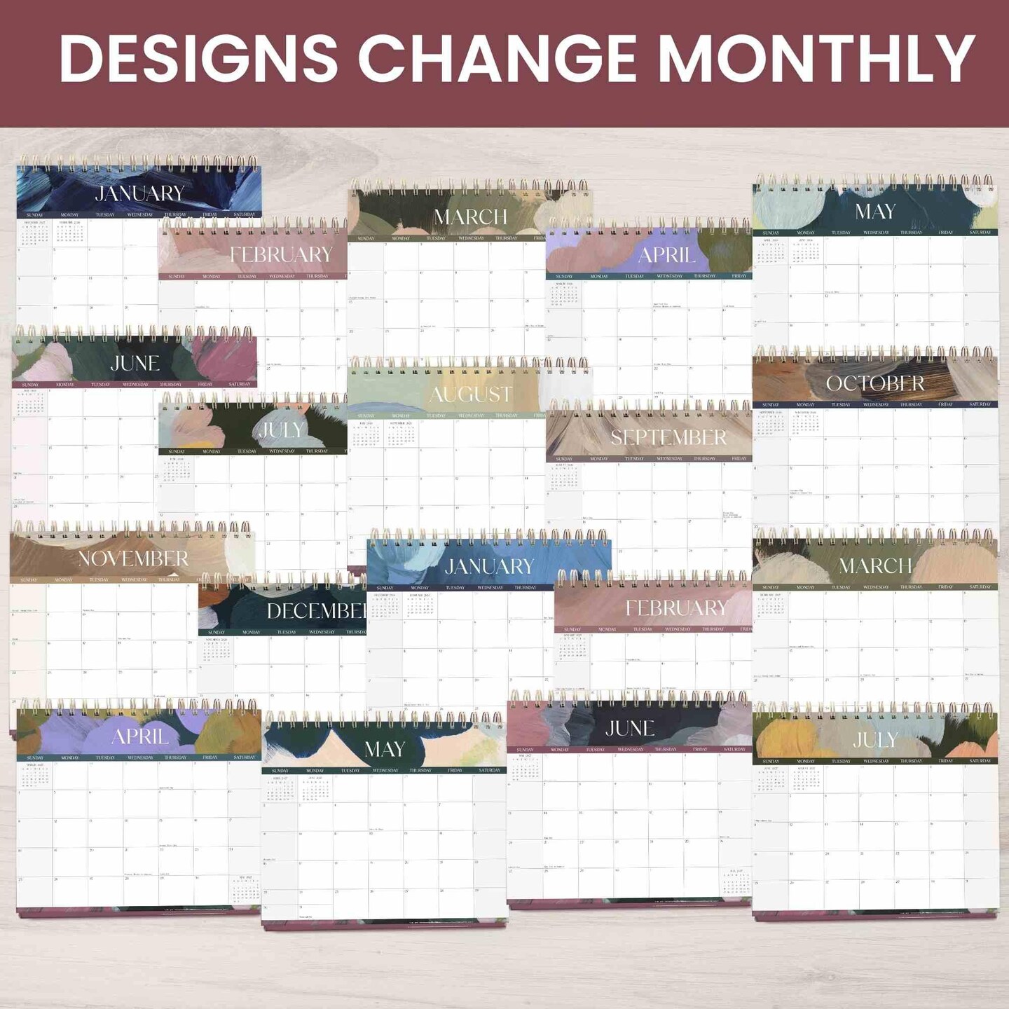 bloom daily planner 2026-2027 19 Month Standing Flip Desk Calendar, 8" x 10", Paint Strokes