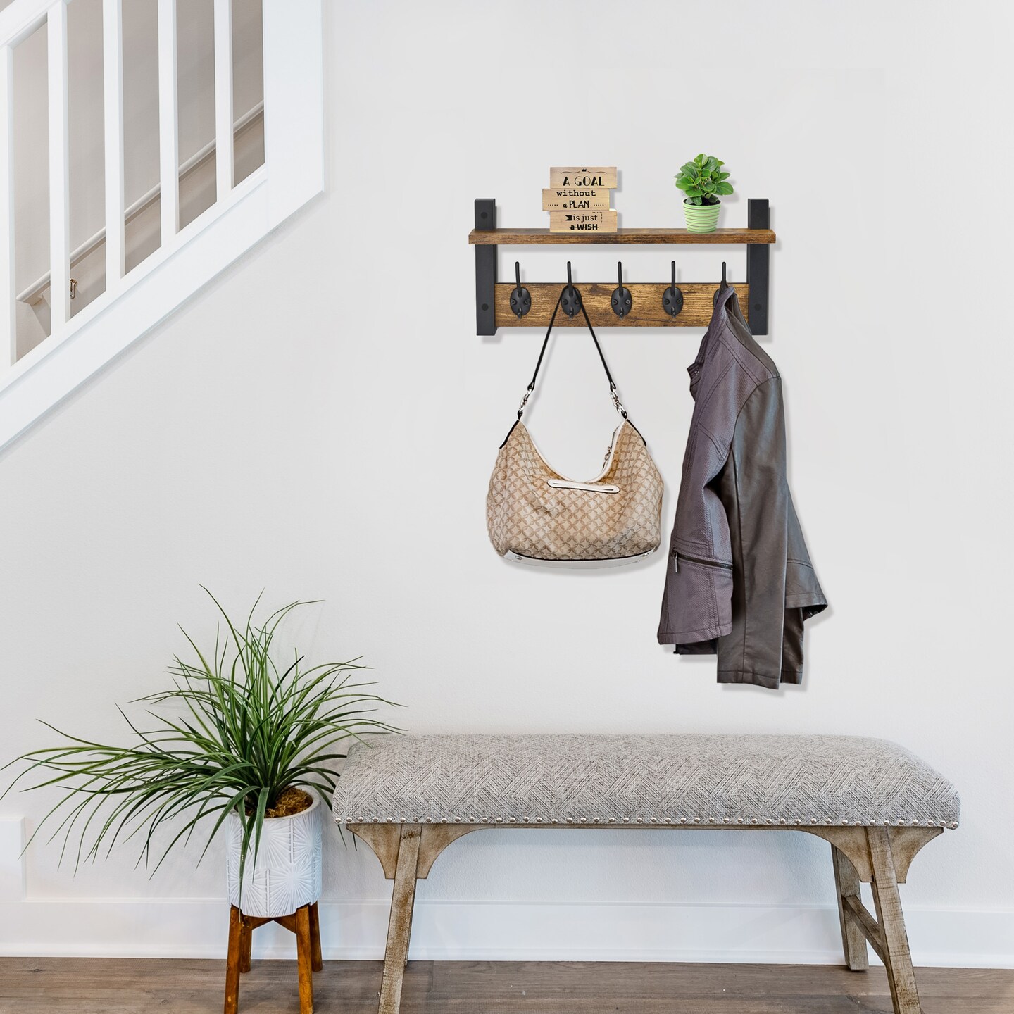 Sorbus Floating Wall Shelf with Hooks for Entryway, Bathroom, Bedroom, Kitchen, or Mudroom