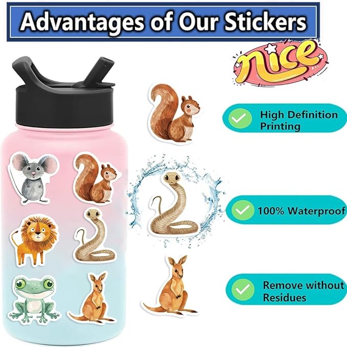 50 Pcs Cute Animal Stickers for Kids, Waterproof Vinyl Zoo/Farm/Sea/Wild Animals Decals for Water Bottle, Laptop, Scrapbook, Silly Mammals Reptiles Birds Fish