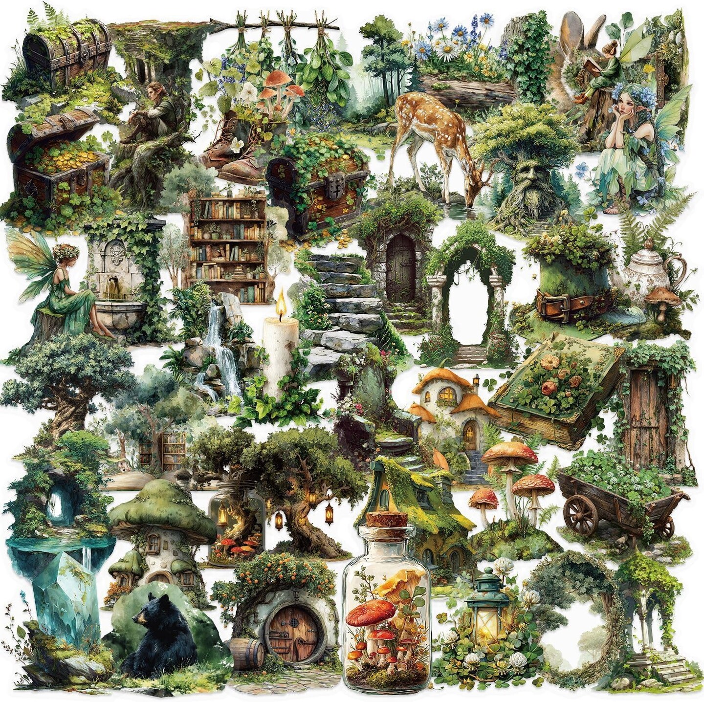 50PCS Forest Transparent PET Stickers – Waterproof Woodland Nature Stickers for Scrapbooking, Bullet Journal, Planners, Water Bottles & Laptop Decor