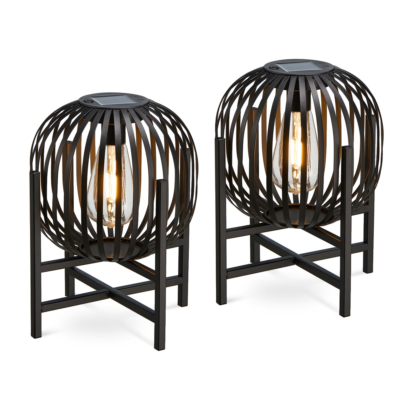 Set of 2/4 Black Metal Stripes Solar Powered Edison Bulb Outdoor Lantern with Stand