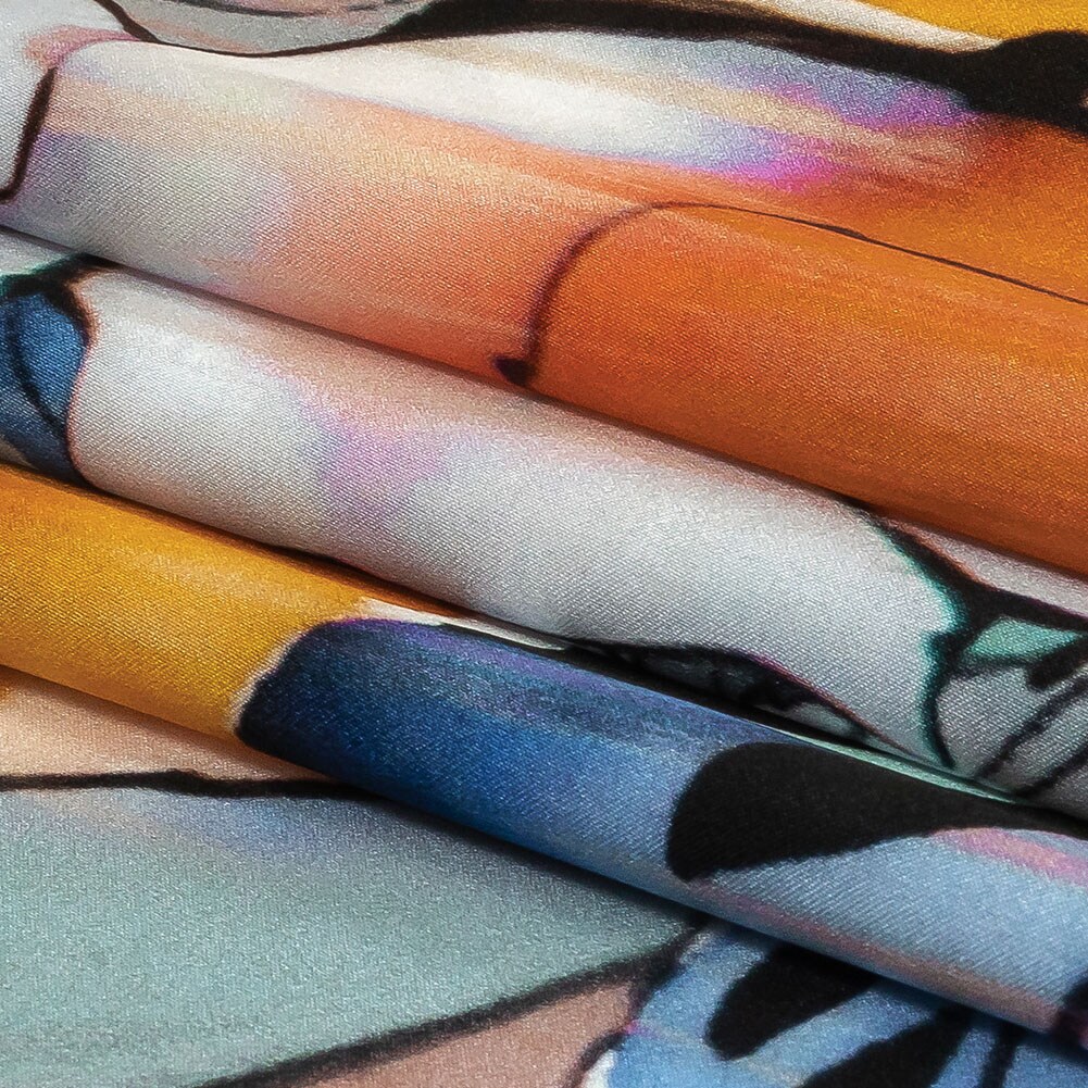 1 Yard Silk Charmeuse Blue Gray Harvest Pumpkin Yellow Floral 53 Inches Wide