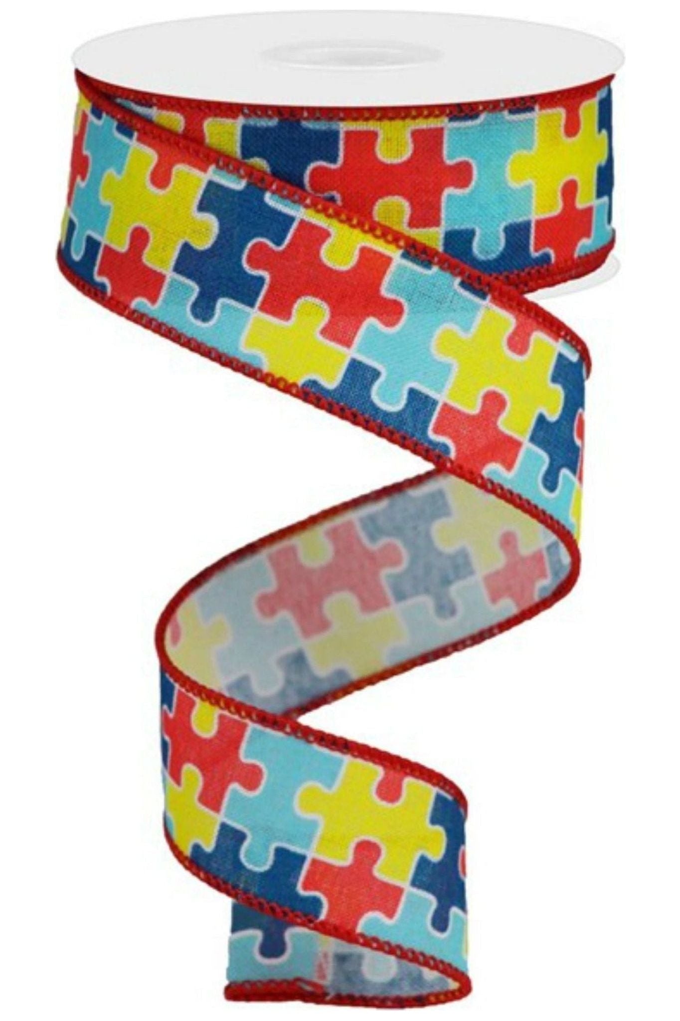 1.5&#x22; Puzzle Piece Ribbon on Royal: Autism Awareness (10 Yards)