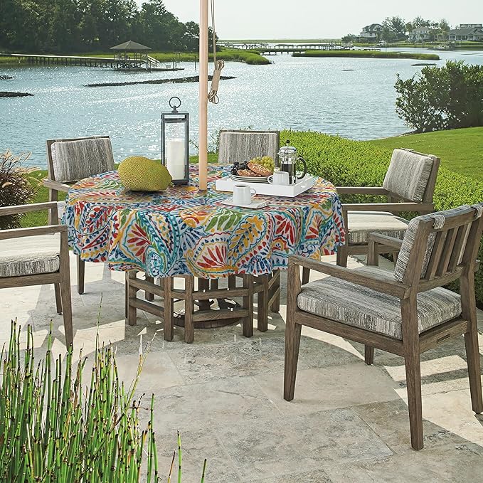 Round Outdoor Tablecloth with Umbrella Hole and Zipper 60 inch, Spring/Summer Floral Picnic Table Cover Waterproof Fabric for Patio Garden Picnic Party Table, Paisley Multi