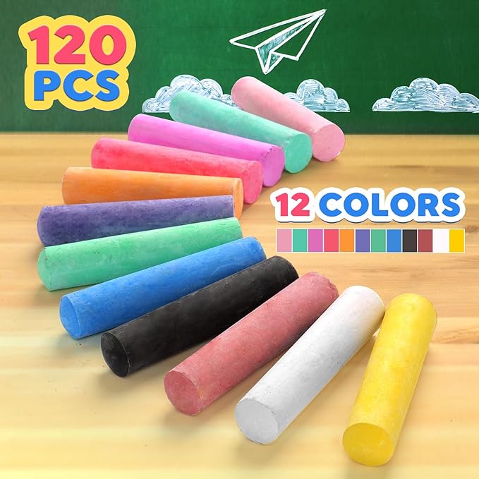 120 PCS Sidewalk Chalks for Kids: 12 Colors Washable Jumbo Chalk Bulk for Outdoor, Party Favors, Classroom, Non-Toxic Dustless Chalk for Toddlers Drawing on Playground, Chalkboard, Great Gift for Kids