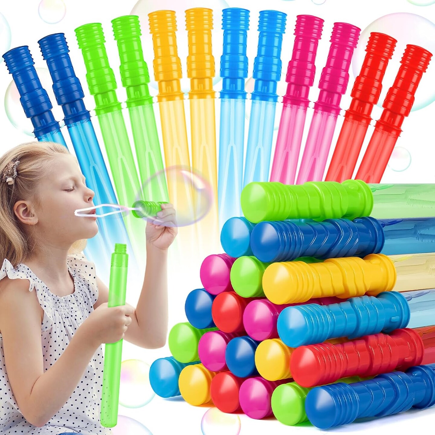 24 Pack 14.6” Big Bubble Wands in 6 Colors, Bulk Party Favors for Kids, Ideal for Easter, Summer, Halloween, Valentine, School Classroom Prizes for Boys & Girls, Ideal Goodies Bags Stuffers
