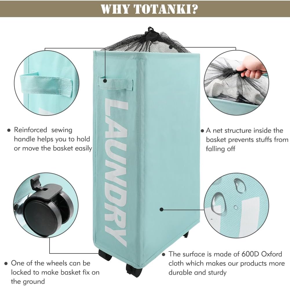 25" Rolling Slim Laundry Basket on Wheels, Foldable Laundry Hamper with Handle, Collapsible Laundry Sorter and Organizer, Tall Storage Basket Bin (Light Blue)