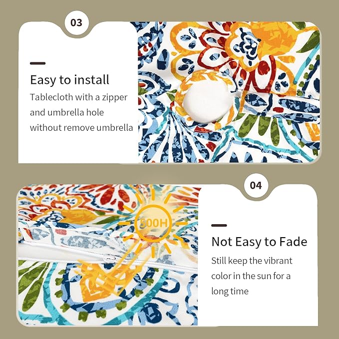 Round Outdoor Tablecloth with Umbrella Hole and Zipper 60 inch, Spring/Summer Floral Picnic Table Cover Waterproof Fabric for Patio Garden Picnic Party Table, Paisley Multi