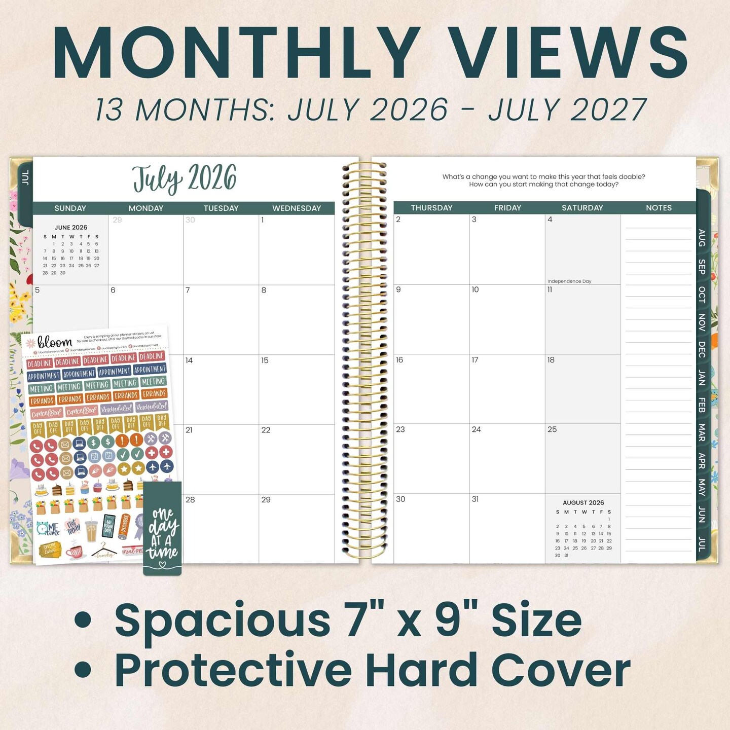 bloom daily planners 2026–2027 Academic Vision Planner, 13-Month Monthly & Weekly Hard Cover, 7.5" x 9", Garden Party