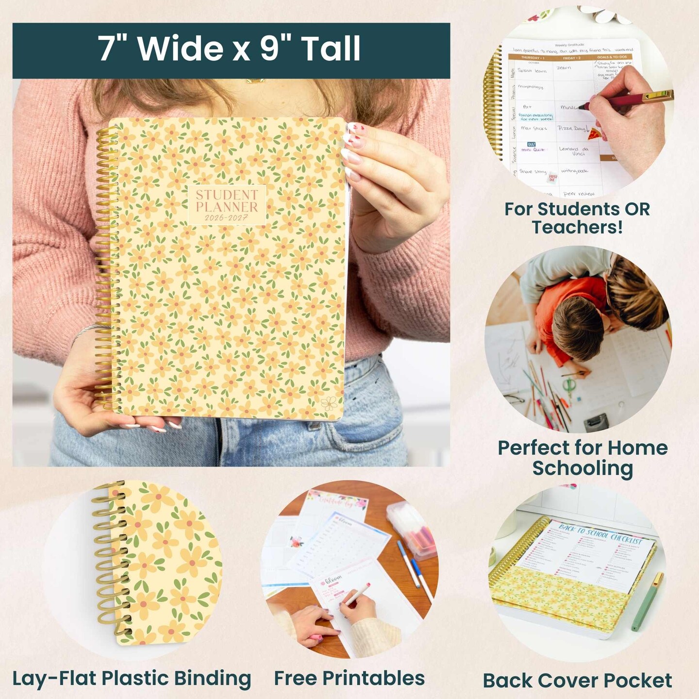 Daisy 2026–2027 Academic Student Planner, 7" x 9" - Butter Yellow Daisies