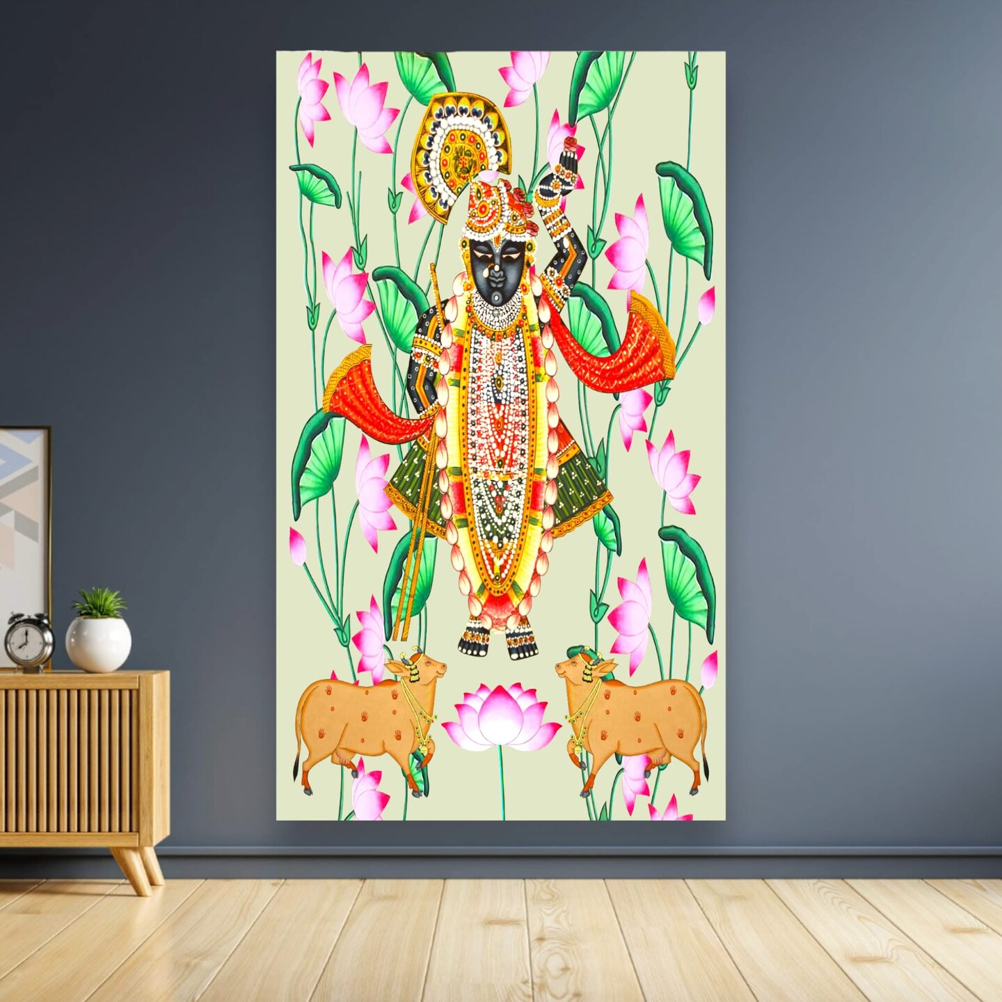 Krishna with Cow Backdrop Indian Traditional Cloth 5x8 Feet Backdrop Pooja Wall Decor Indian Wall Art Photo Decor Banner Indian Wedding Favor Decorative Pooja Cloth