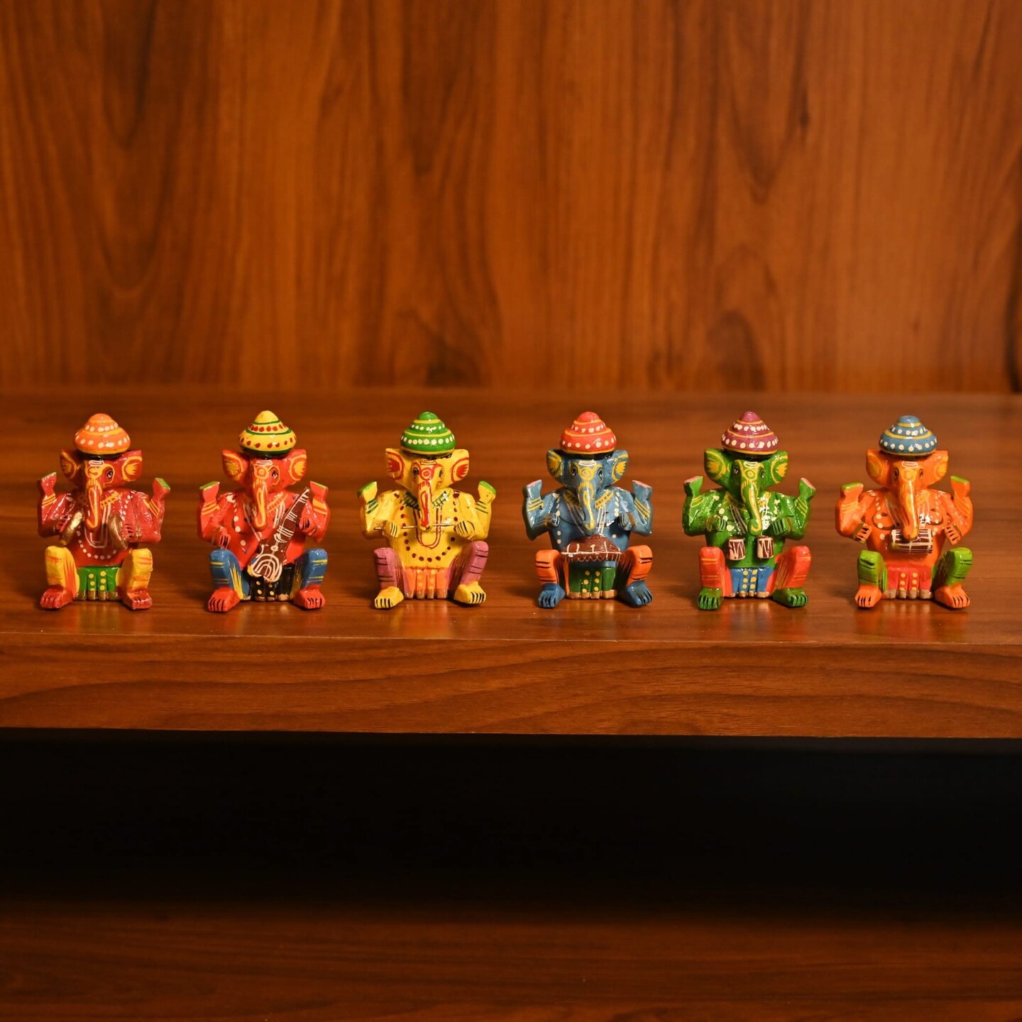 Set of 6 Wooden Musician Ganesha Design Statue Hand Painted Lord Ganesh Sculpture with Musical Instrument Ganpati Figurine for Gift Hindu God Idol Murti for Good Luck &#x26; Success (3 Inches)