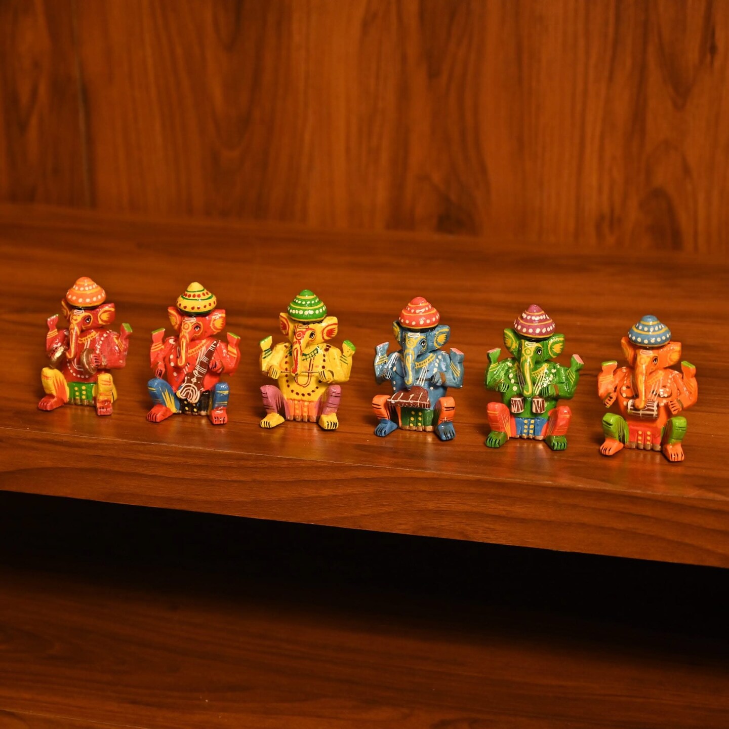 Set of 6 Wooden Musician Ganesha Design Statue Hand Painted Lord Ganesh Sculpture with Musical Instrument Ganpati Figurine for Gift Hindu God Idol Murti for Good Luck &#x26; Success (3 Inches)