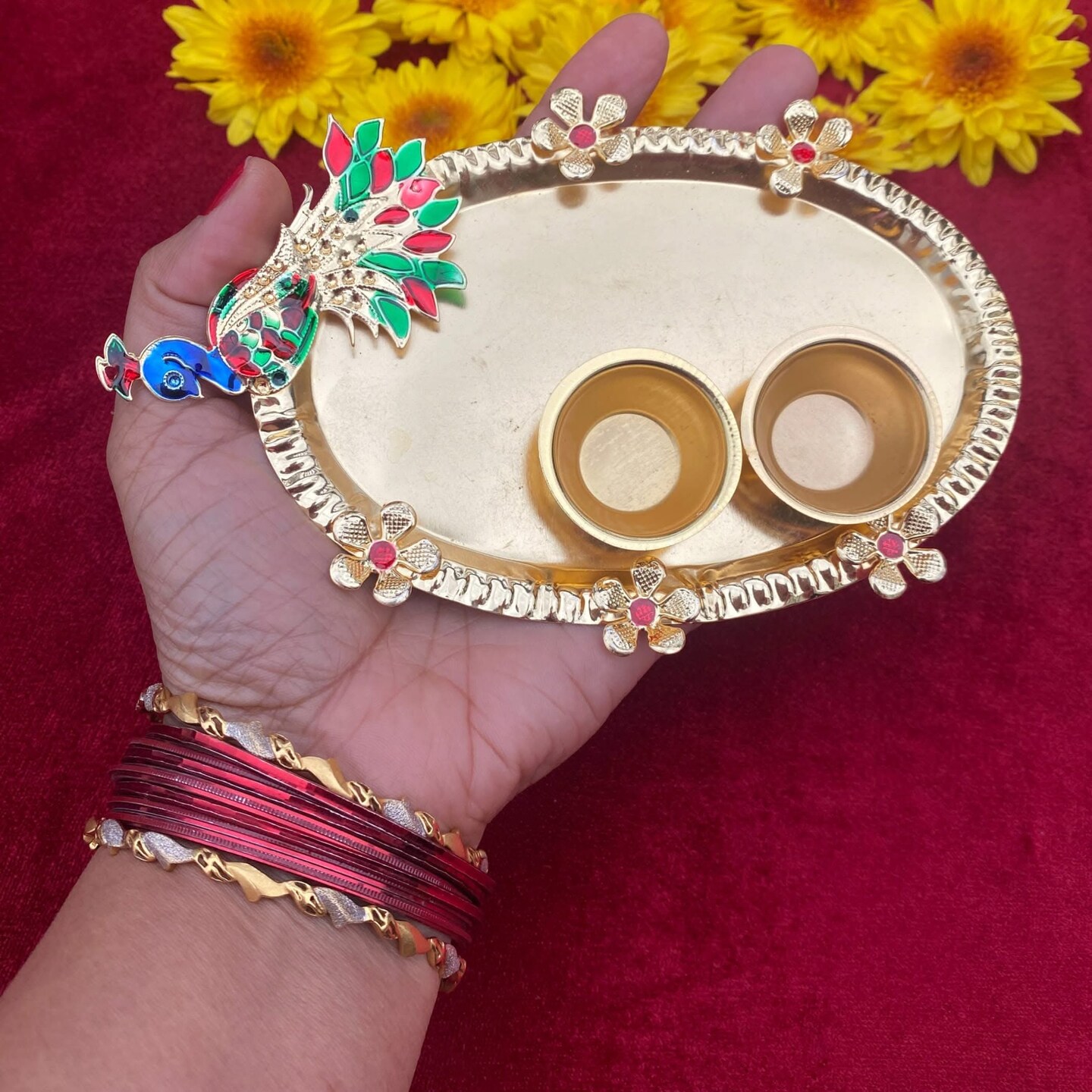 Pack of 6 Decorative Peacock Pooja Thali Gold Plated Indian Pooja Thali Haldi Kumkum Platter Ganesh Pooja Teej Diwali Favor Thali Stylish Temple Decor Gift