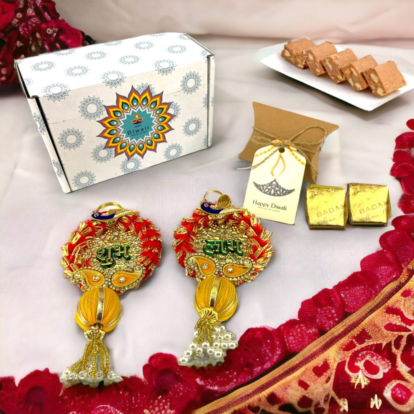 Diwali Gift Hamper - Festive Hand Embroidery Stole With Handpainted Shubh Laabh & Incense Sticks (3 Curated Products)