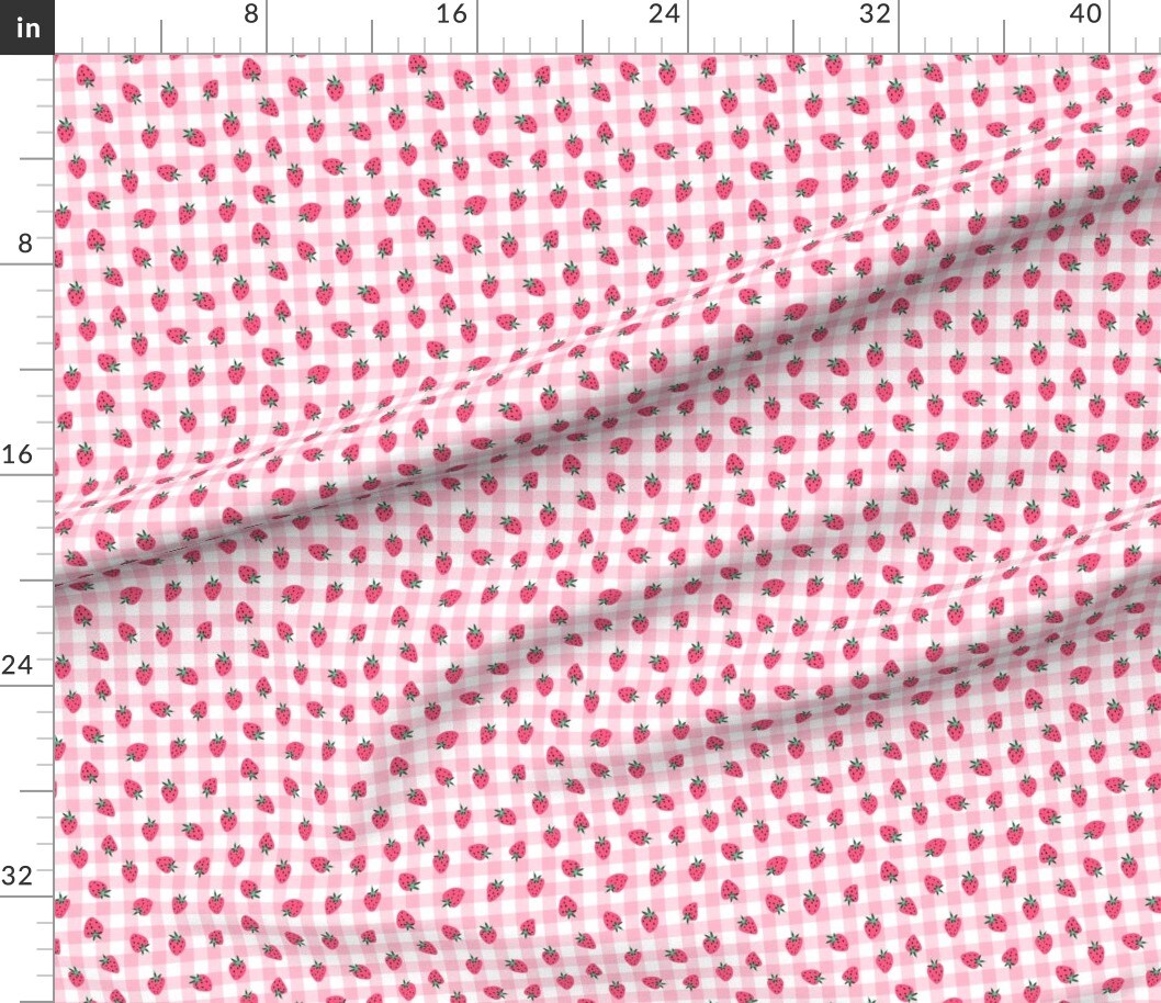 Sweet Strawberry Pink Gingham Plaid Summer Check Berry Fruit Small Scale Custom Printed Fabric by Spoonflower Various Fabrics by the Yard or Fat Quarter