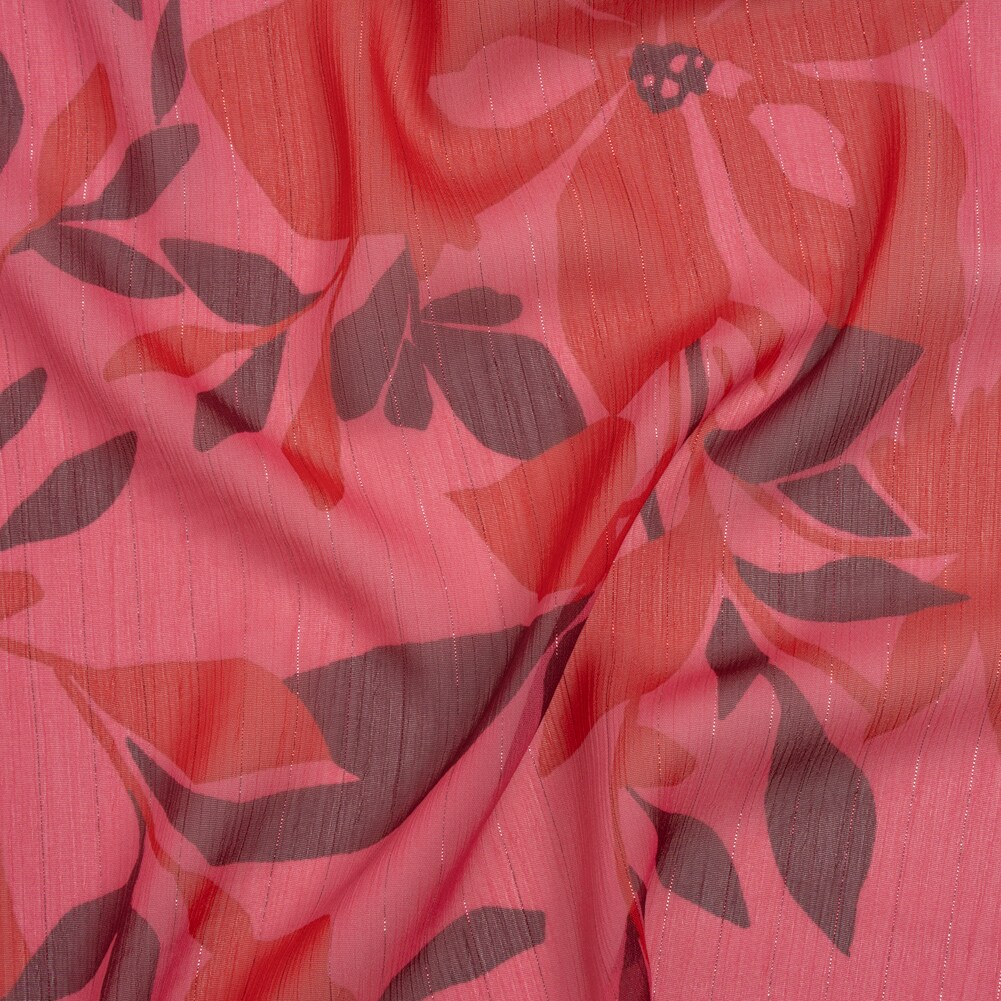 1 Yard Dark Pink Floral Polyester Chiffon with Metallic Pinstripes 56 Inch Wide