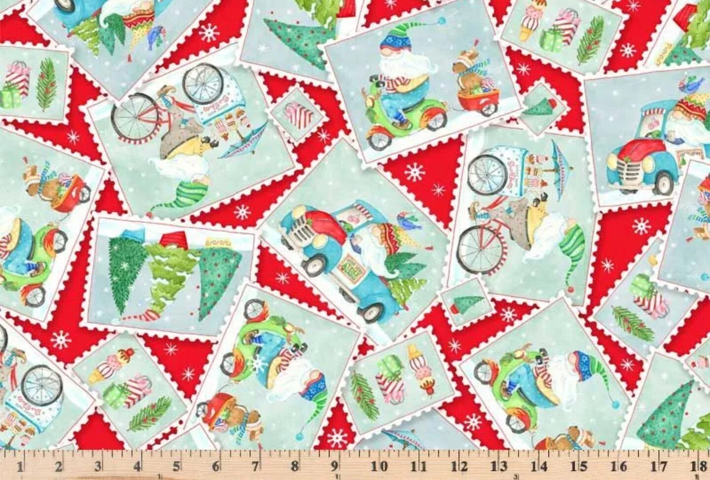 P & B Textiles Christmas Gnomes Postcard Toss on Red 100% Cotton Fabric Price per Yard