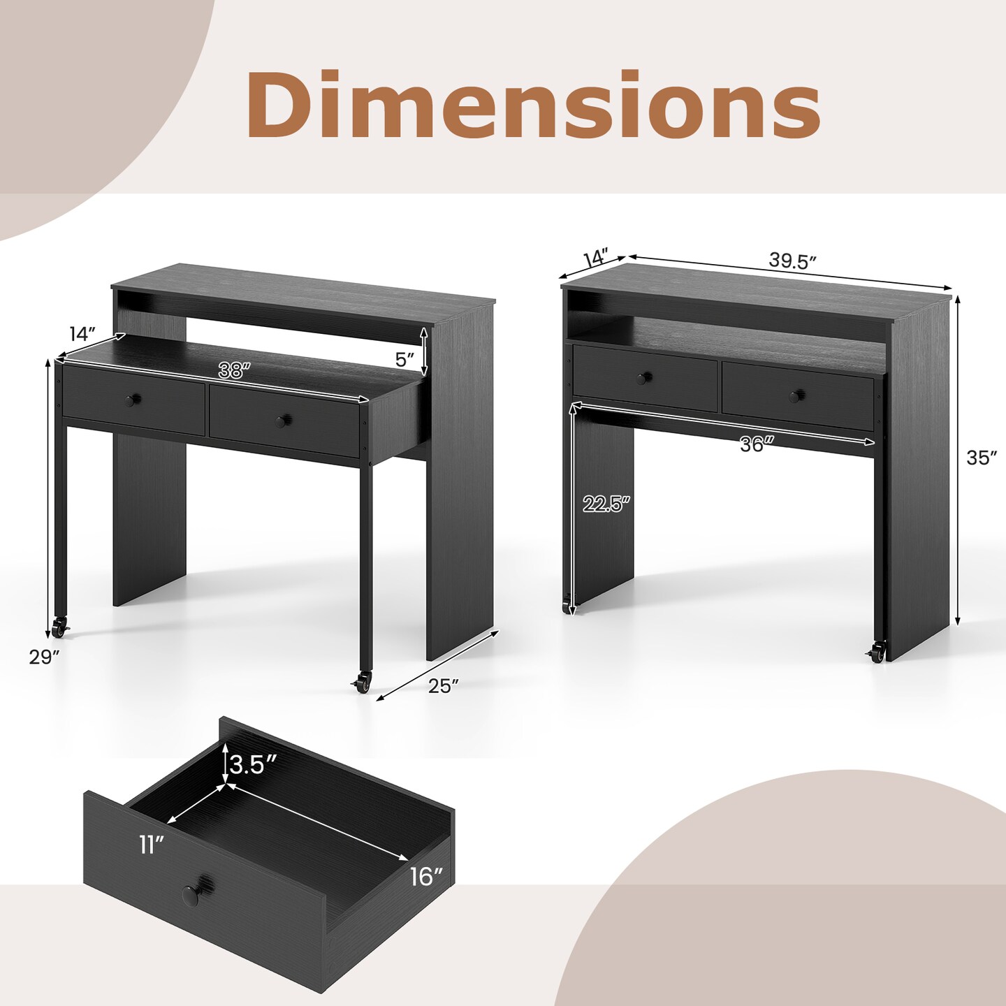 Extendable Home Office Computer Desk with 2 Drawers and Rolling Base