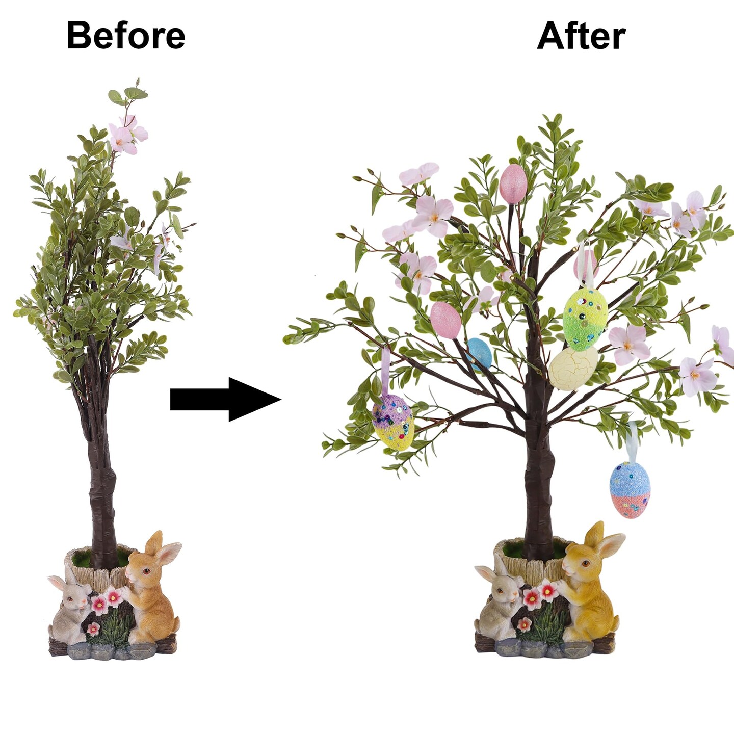 Lighted Easter Tree 23.5 Inch - Pre-Lit Easter Decorations for Table with Eggs & Bunny Pot, Spring Trees Centerpiece with Lights for Dining Room, Home, Mantel, Office Décor