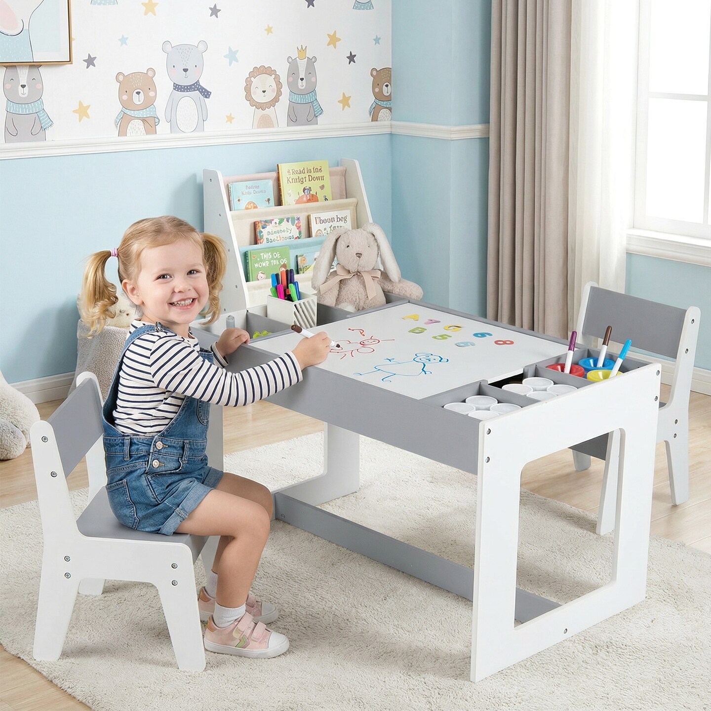 MDF Kids Table and Chairs Set Grey White Storage Compartments 3+ Years