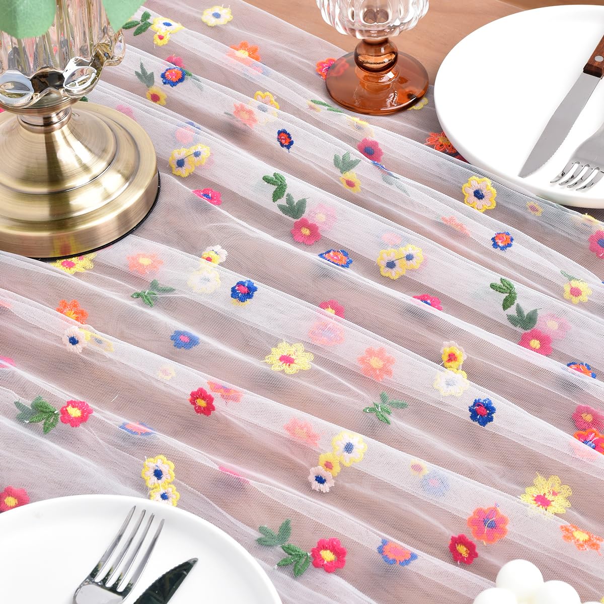 Ivory Embroidery Daisy Spring Summer Table Runner 10ft Florals Seasonal Easter Tulle Table Runner Holiday Kitchen Dining Table Decoration for Home Party Indoor
