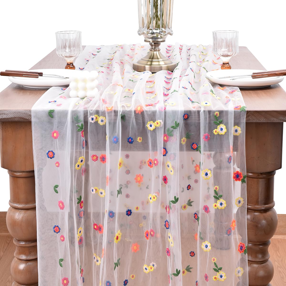 Ivory Embroidery Daisy Spring Summer Table Runner 10ft Florals Seasonal Easter Tulle Table Runner Holiday Kitchen Dining Table Decoration for Home Party Indoor