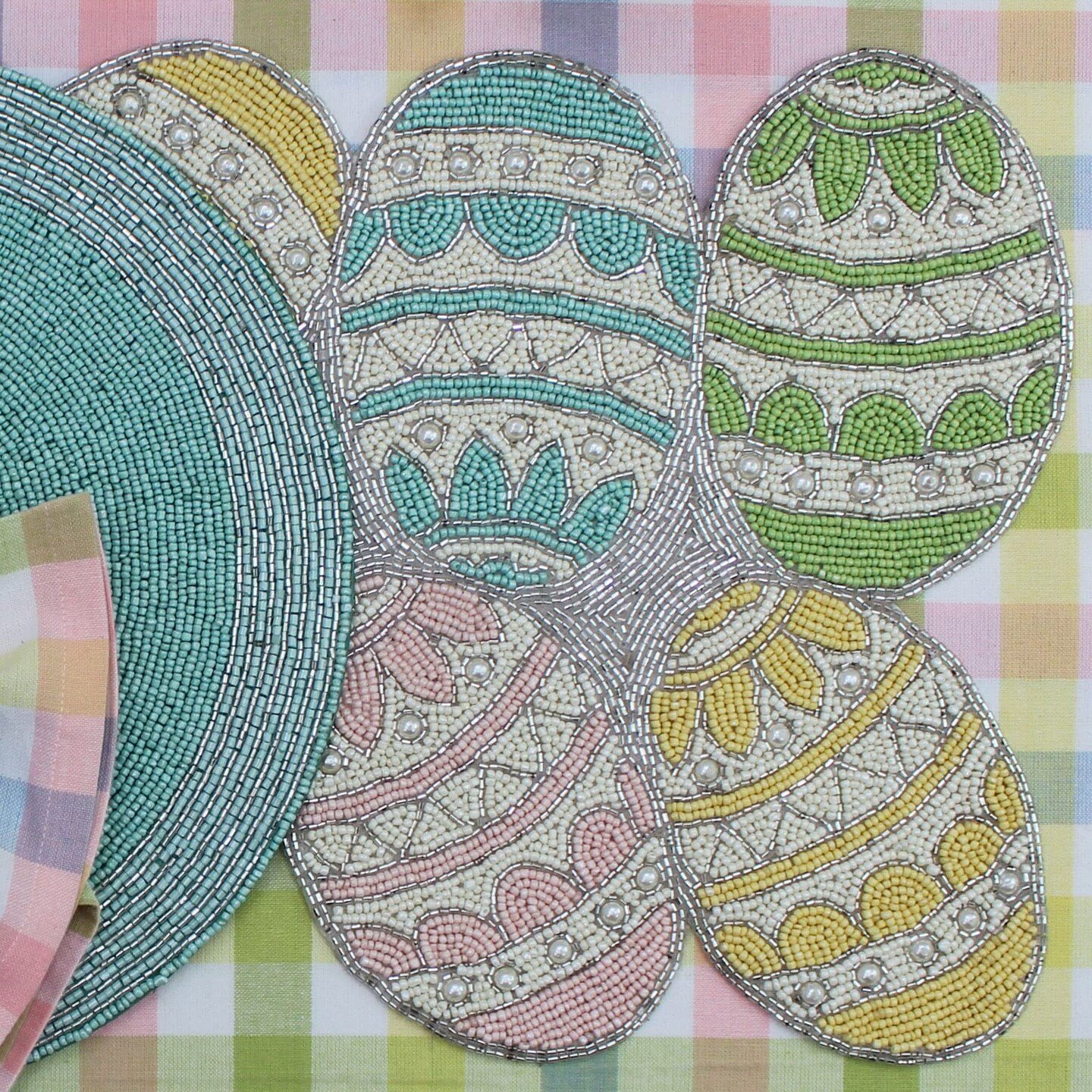 Happy Hunting Handmade Beaded Table Runner - Spring Easter Eggs Bunny Rabbit - Luncheon Dinner Celebration Festive Party Tabletop Décor Tablerunner - 13x36 - Aqua Multi