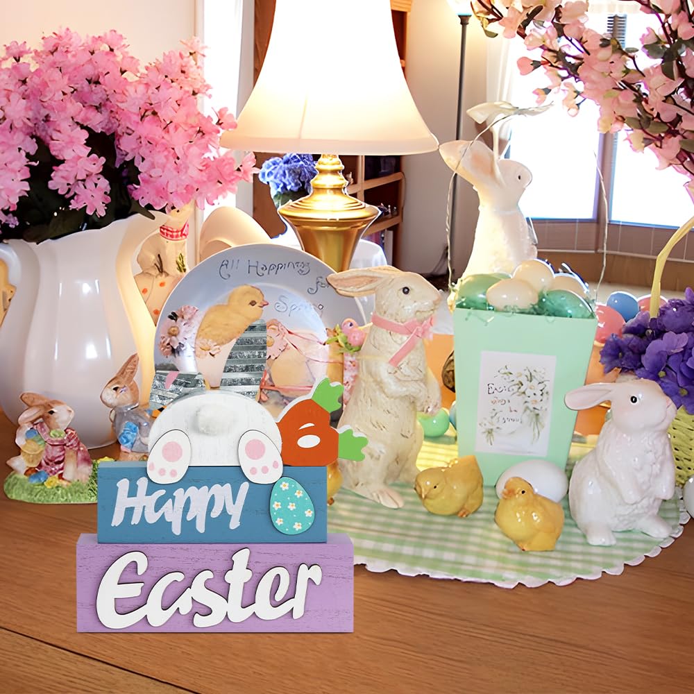 Easter Decorations, 3-Layered Easter Bunny with Carrots Farmhouse Wood Block Easter Decor, Happy Easter Sign Easter Egg Design Easter Decorations Indoor for Home, Living Room, Tables, Mantel