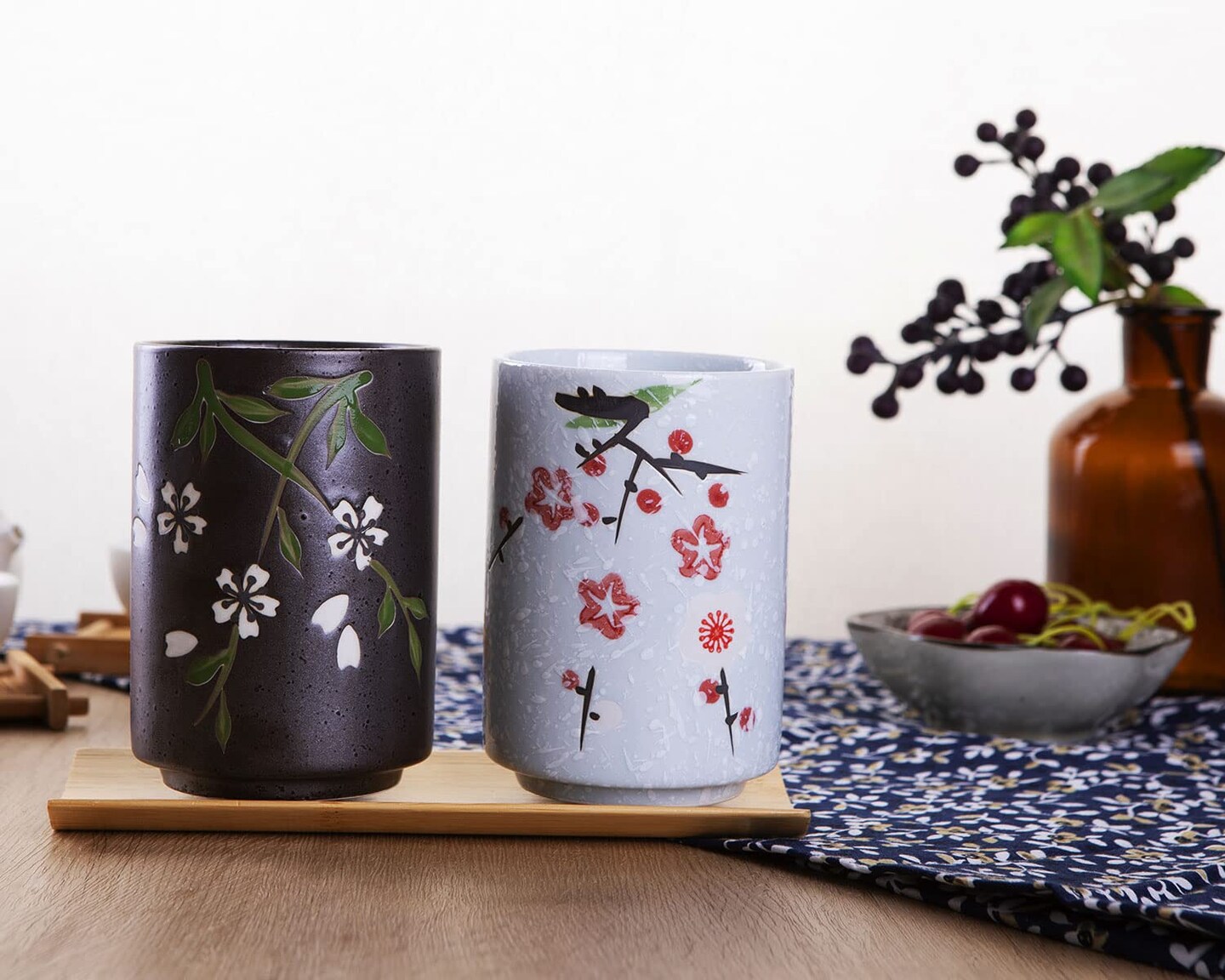 10oz Transitional Chinese/Japanese style Handle-less Ceramic Tea cups teacup, Flora Pattern Set of 2