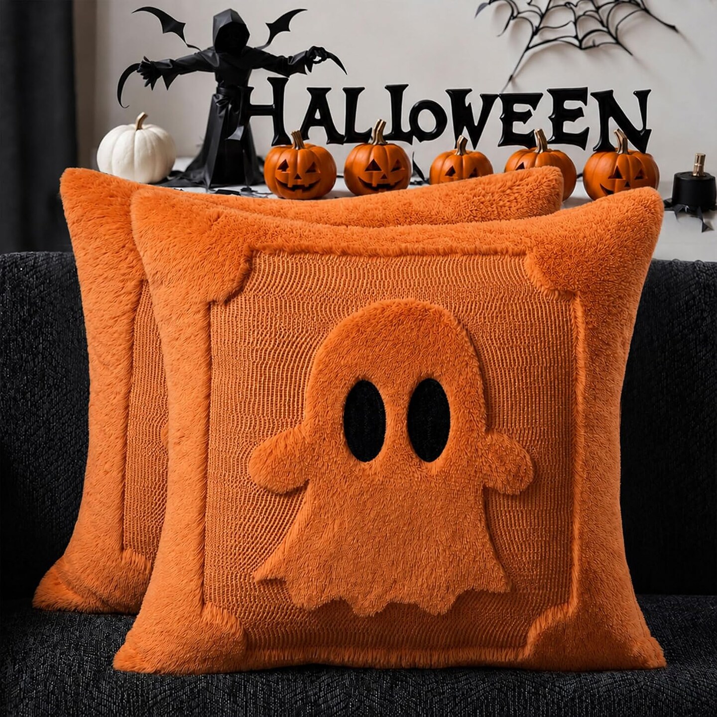 Halloween Pillow Covers 18x18 Set of 2, Orange Ghost Decorative