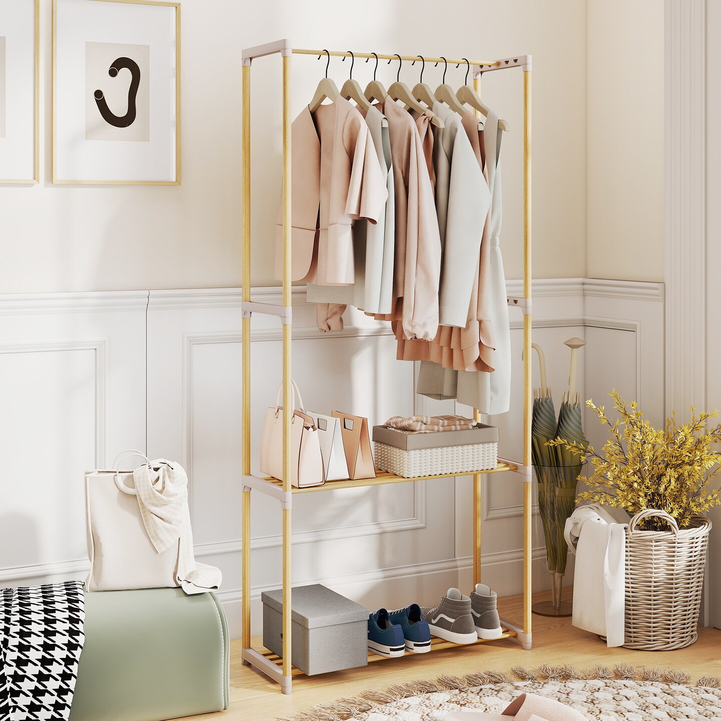 Pine Wood Clothes Rack Freestanding 2-Tier Shelves Hanging Rod Natural/Gray