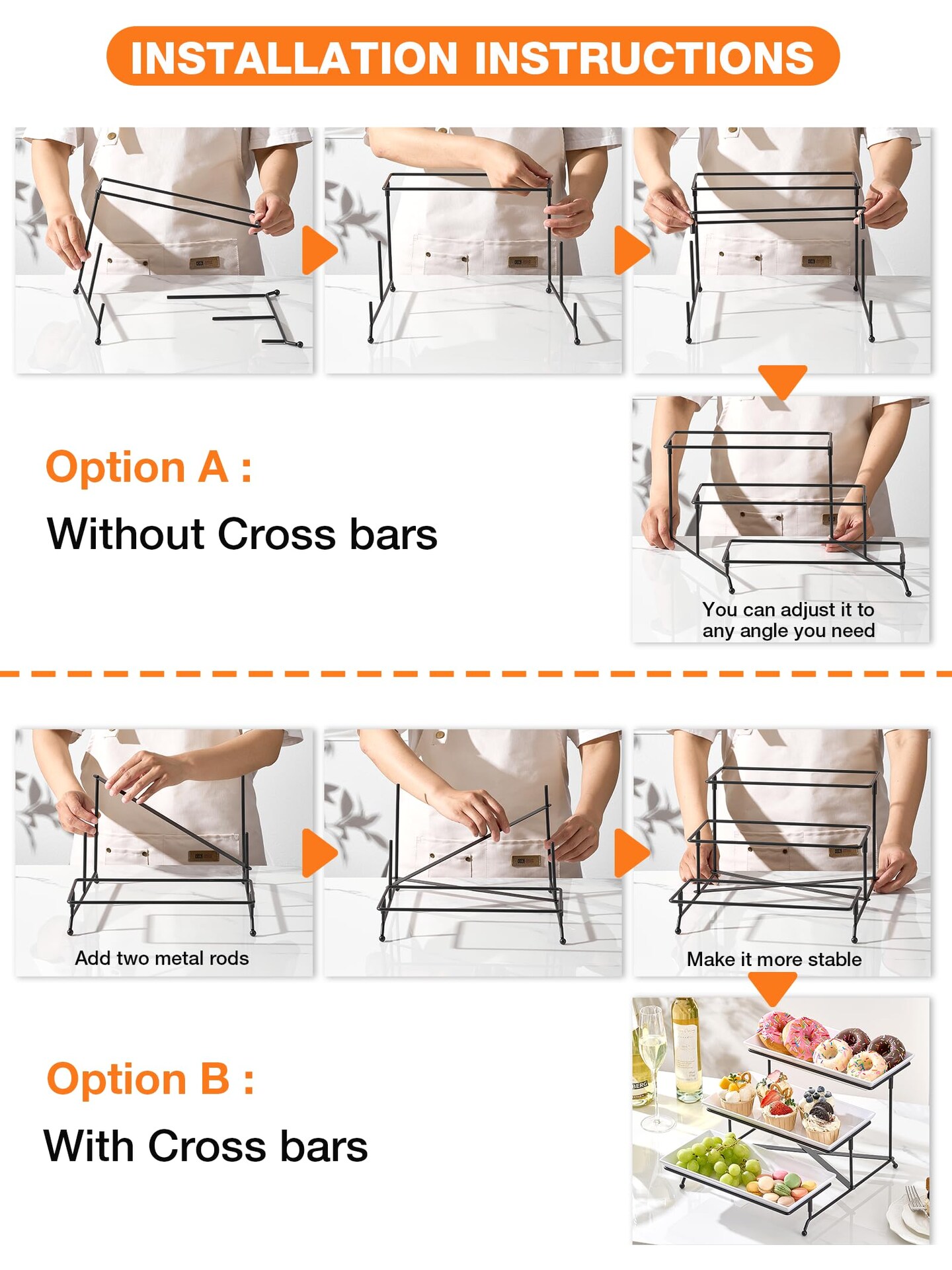 3 Tier Serving Tray Set, 12" Tiered Serving Trays Platters, Reusable Serving Tray for Party, Collapsible Sturdier Stand with Stable Cross Bars, Serving Platters for Veggie, Fruit, Dessert