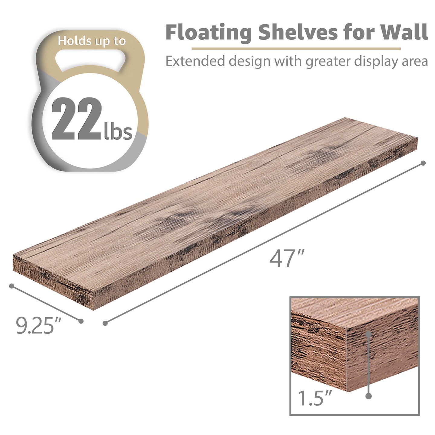 Sorbus 3 Pack Extra Long Floating Shelves for Wall, Large Floating Shelves for Bedroom, Kitchen, Living Room, Bathroom Shelves, Farmhouse Home Decor - 47 x 9.25 Inch Wall Mounted Floating Shelves for Wall