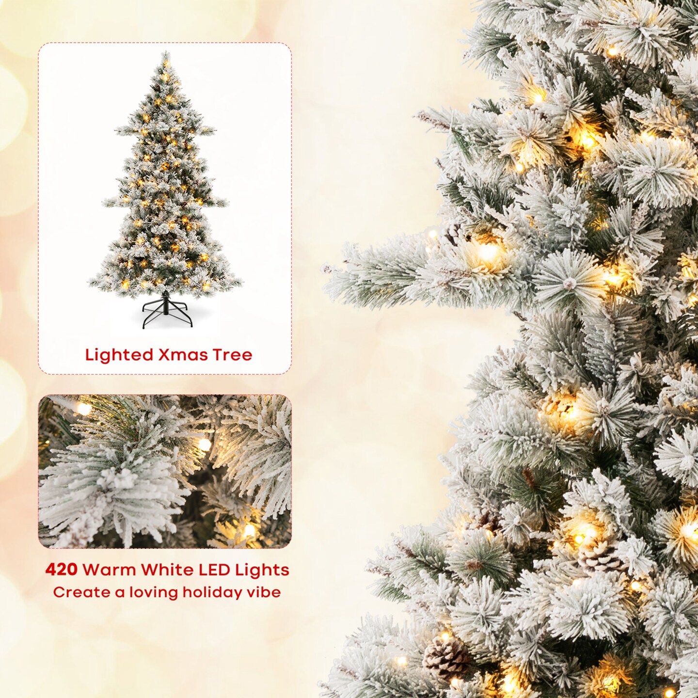 Costway 7 FT Flocked Christmas Tree Hinged Xmas Decoration with 420 LED Lights &#x26; 1057 Tips