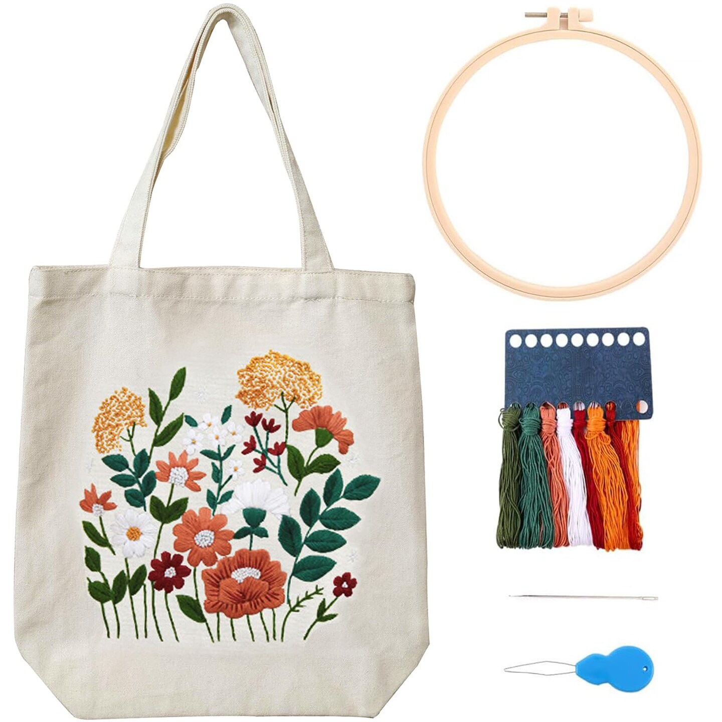 Canvas Tote Bag Embroidery Kit with Pattern for Beginners, Arts and DIY Crafts Kits for Adults, Include Instructions Embroidery Bag, Embroidery Hoops, Color Threads and Tool