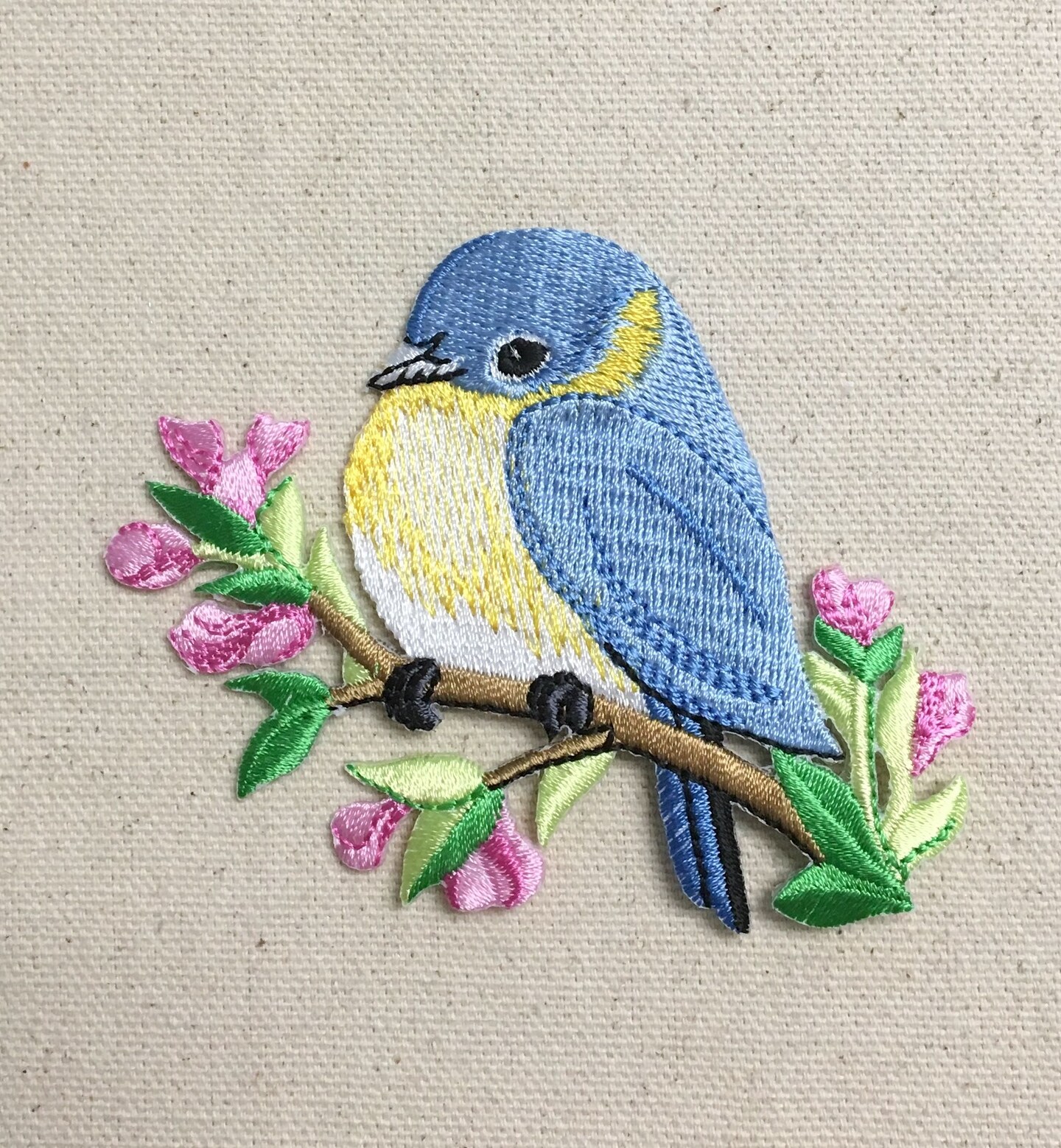 Bluebird on Tree Branch with Flowers Embroidered Patch Embroidered, Iron on Patch