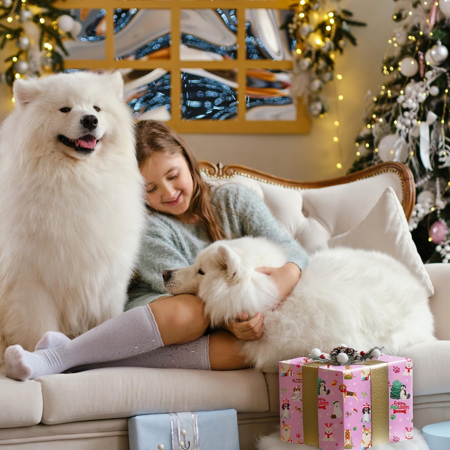 Cuitpan Pink Dog Christmas Wrapping Paper - Xmas Gift Wrap with Christmas Trees, Dog Breeds, Paw Prints & Snowflakes Design- Perfect for Kids & Adults Gift Wrapping - 40×28 Inches, 4 Folded Sheets