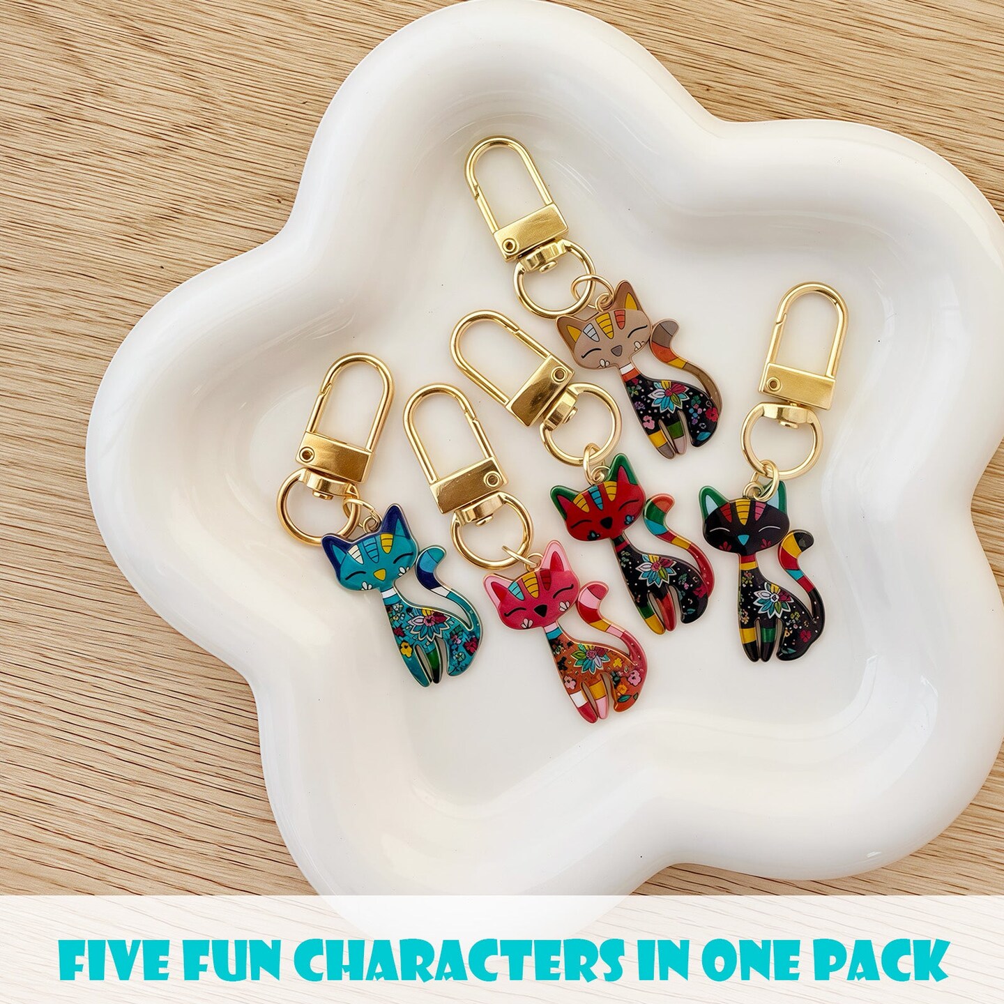 Wrapables Colorful Cats Keychain, Bag Charm Accessory for Purse Handbag Backpack (Set of 5)