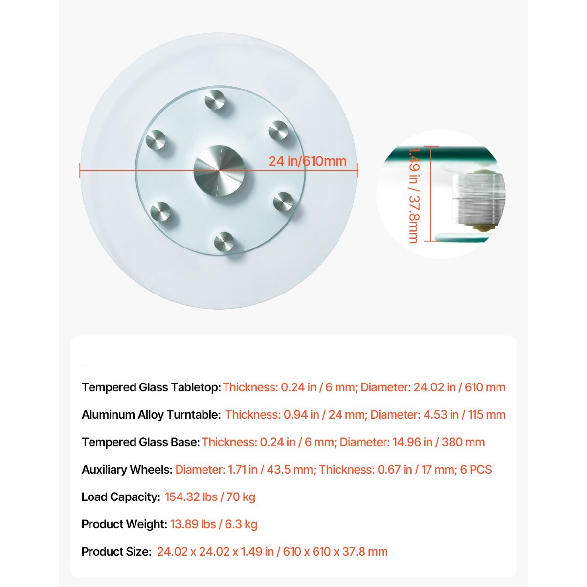 Transparent Tempered Glass Lazy Susan Turntable with Aluminum Base and 360 Degree Rotation