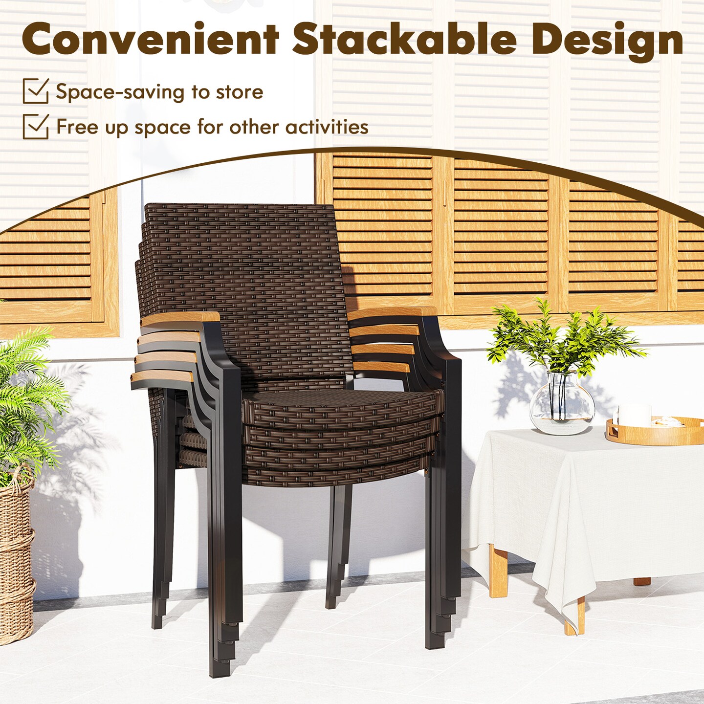 Set of 2 Mix Brown Rattan Patio Chair with Metal Frame, Ergonomic Armrests Stackable Outdoor Seating