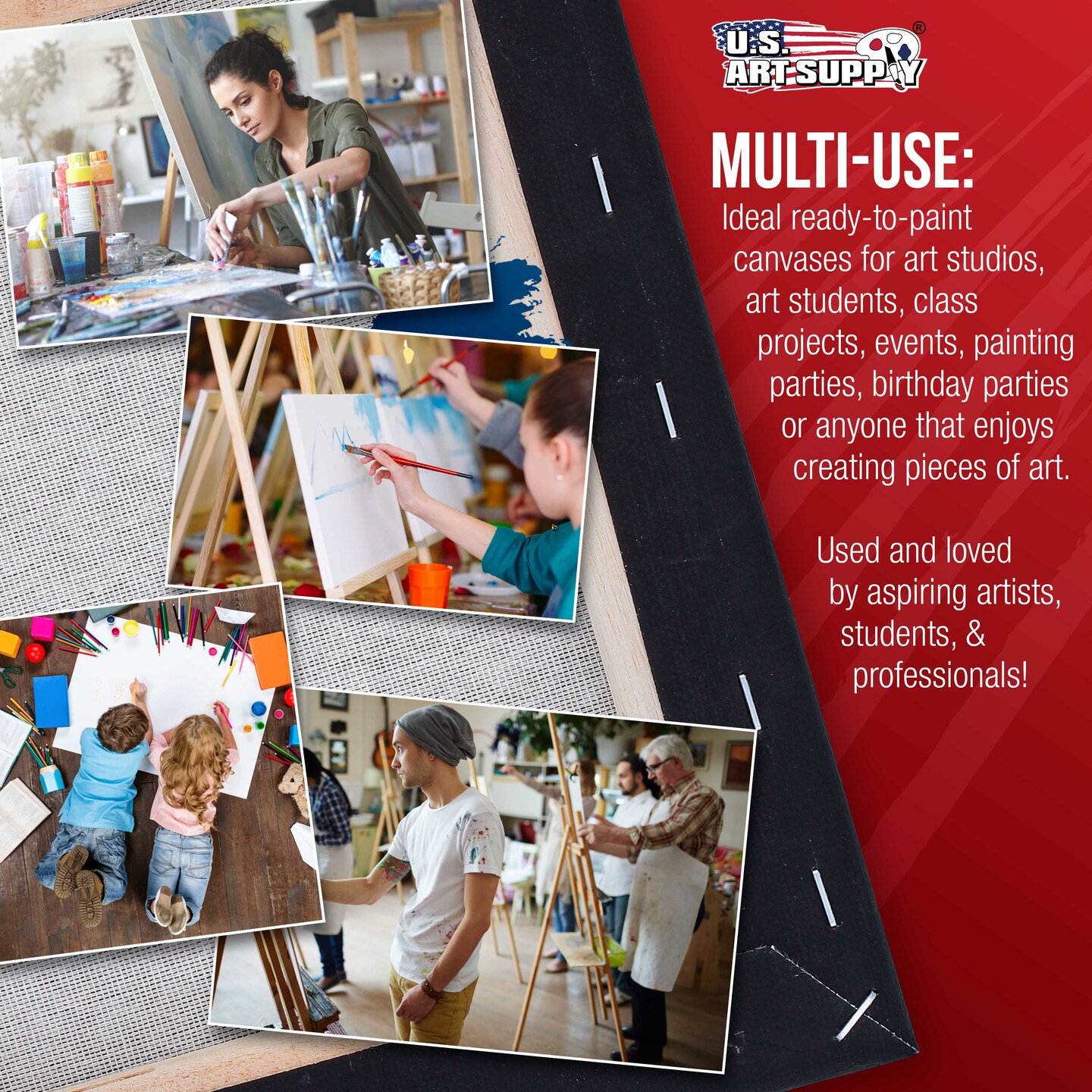 12 x 12 inch Black Stretched Canvas 12-Ounce Primed, 4-Pack - Professional Artist Quality 3/4&#x22; Profile, 100% Cotton, Heavy-Weight, Gesso