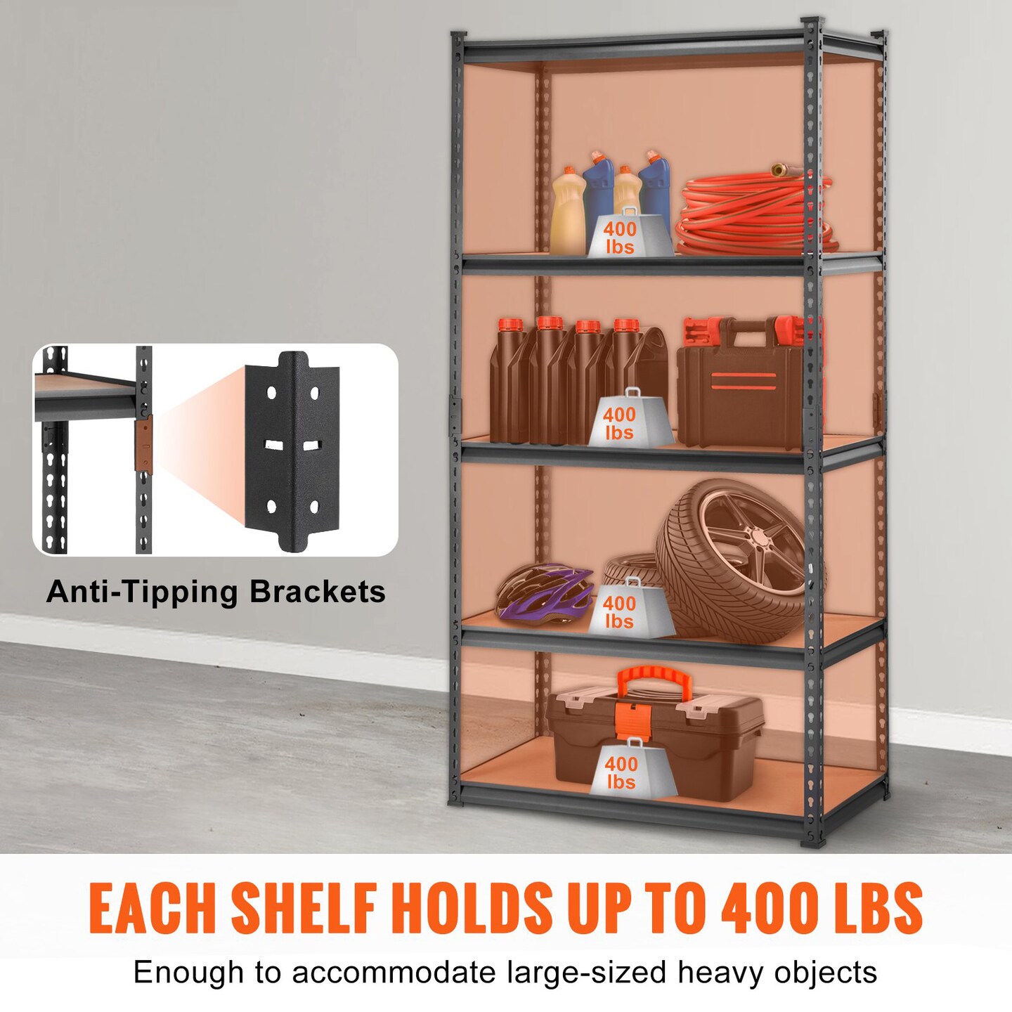Black Carbon Steel Adjustable 5-Tier Garage Storage Rack with MDF Shelves