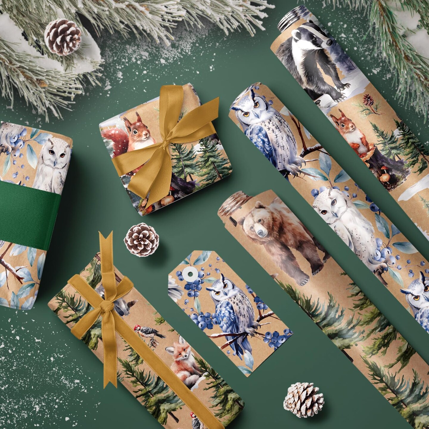 Kraft Christmas Wrapping Paper Roll - Mini Roll - 3 Rolls - 17 Inch x 120 Inch Per Roll - Wild Animals Winterfall Watercolor Holiday Collection