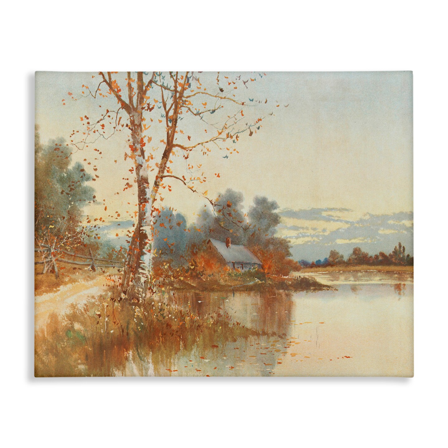 Stupell Industries Autumn Cabin Along River Canvas, design by Lettered and Lined