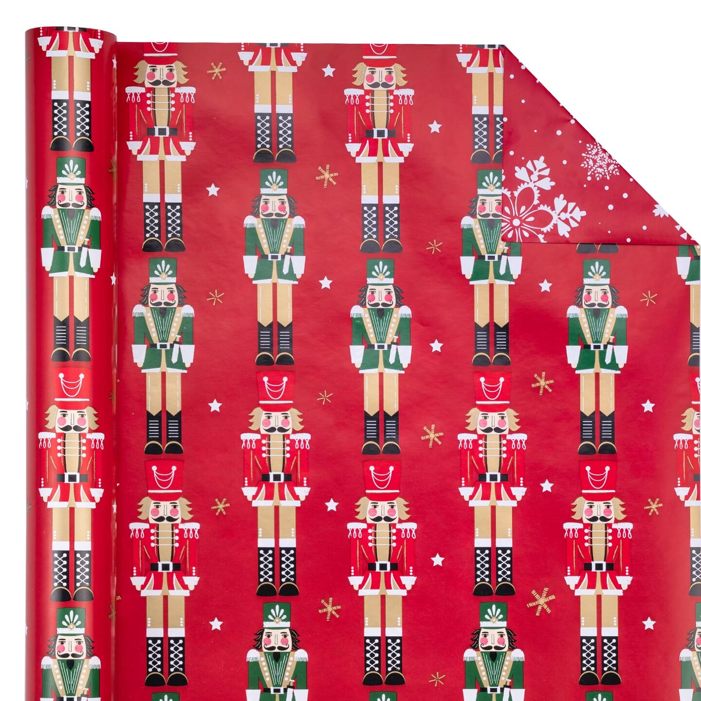 Reversible Nutcracker Christmas Wrapping Paper - Mini Roll - 17 Inch x 33 Feet - Red Nutcracker and Snowflake Wrapping Paper for Christmas, Holiday, Party
