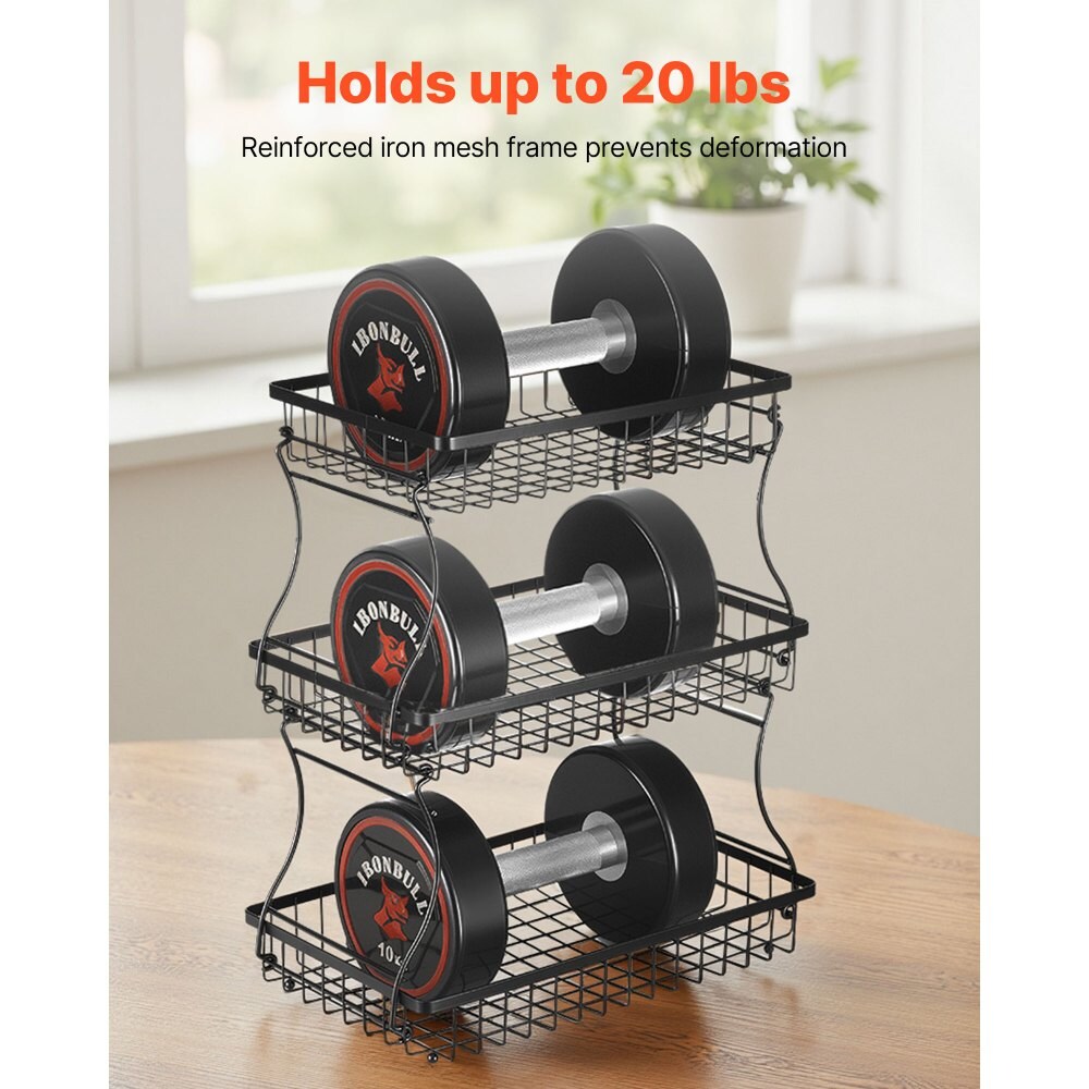 Matte Black Iron 3-Tier Countertop Fruit Basket with Detachable Design